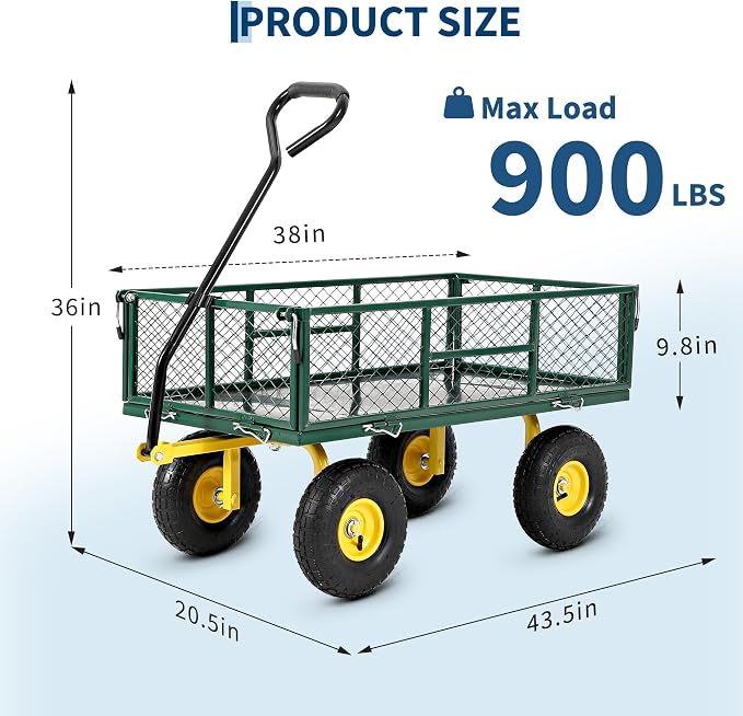 Garvee 900 LB Garden Cart, Heavy Duty Metal Utility Garden Wagon, Green | 13 in All Terrain Tires, 4-in-1 Yard Wagon Cart with Removable Side Panels for Outdoor Lawn, Yard, Backyard