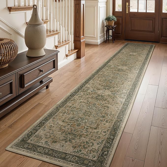 Washable Runner Rug 2x10 for Hallways, Retro Distressed Moody Medallion Long Carpet Runner for Entryway Mudroom, Low Pile Thin Soft Kitchen Bathroom Runner Rug Non Slip, Multi Brown/Green