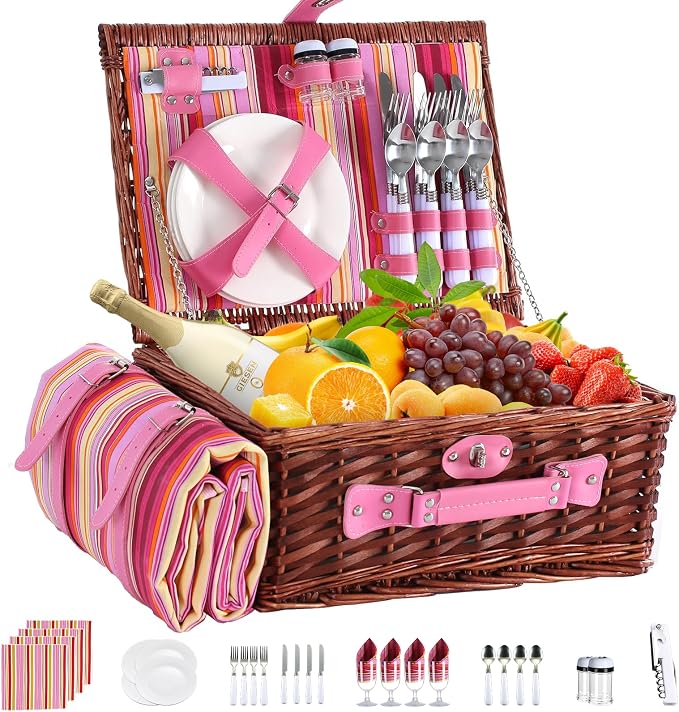 Picnic Basket Set for 4 with Waterproof Blanket Mat Insulation Bag Wicker Pink Stripe Classic Fresh Gift for Christmas Thanksgiving Wedding Birthday Camp Outdoor Beach Travel
