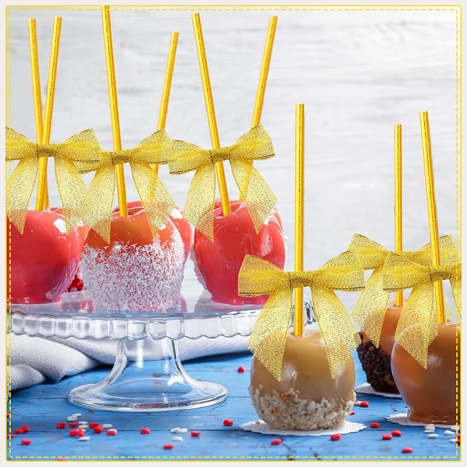 Jutom 200 Pcs Cake Pop Sticks and Bows Kit Include 100 Ribbon Twist Tie Bows 100 Paper Striped Straws for Cake Pops Candies Lollipops Chocolates Wedding Christmas Packaging Party Supplies(Gold)