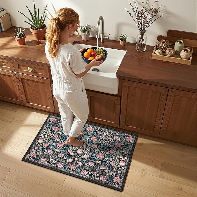 GarveeHome Blue Floral Washable 2x3 Rug for Entryway Small Door Mat | Kitchen Bathroom Girls Bedroom Dorm Rug Vintage Boho Rugs Low-Pile Non-Slip Stain Resistant TPE Backing