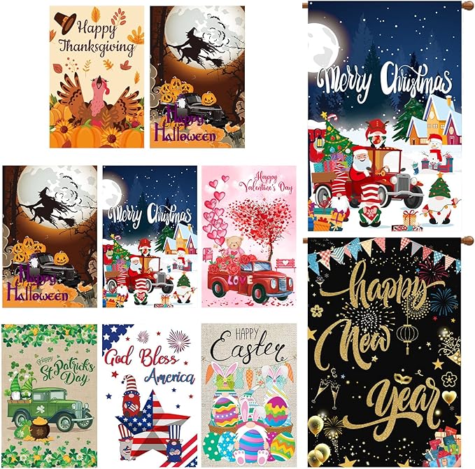 Moukeren 8 Pack Seasonal Garden Flags 28 x 40 Inch Double Sided Yard Flags Large House Flag for Outside Decorative Outdoor Holiday Decorations for 4th of July Spring Summer Fall All Seasons(Classic)