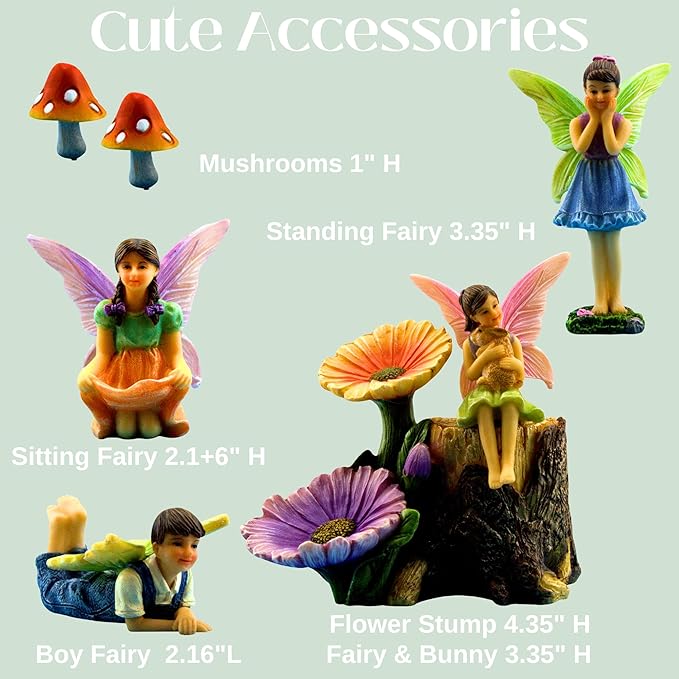 PRETMANNS Fairies for Fairy Garden Accessories for Outdoor - 4 Figurines Miniature Set with a Flower Stump, 2 Mushrooms - Ideal for an Indoor Miniature Fairy Garden Starter Kit - 7 Piece Supplies
