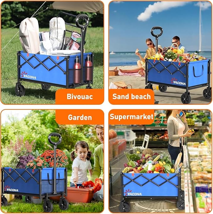 Yozoia Wagons Carts Foldable, Lightweight Portable Utility Shopping Cart with Wheels, Folding Grocery Wagon Cart for Grocery, Camping, Shopping, Beach, Garden, Sports Blue