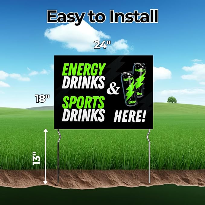 Energy Drinks & Sports Drinks Here! Yard Sign by DC | 24"x18" Double Sided Conv. Store Garden Sign with 13” Metal Stakes | Outdoor Signs Waterproof for Lawn, Patio, Sidewalk & House | Set of 3