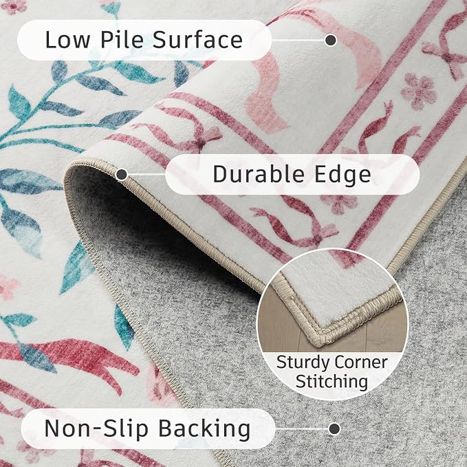 DCX Washable 5x7 Bow Rug, Pink Floral Rug for Girls’ Bedroom, Cute Soft Low Pile Indoor Décor Carpet, Kid & Pet Friendly Nursery Rug for Living Room, Dorm, Playroom
