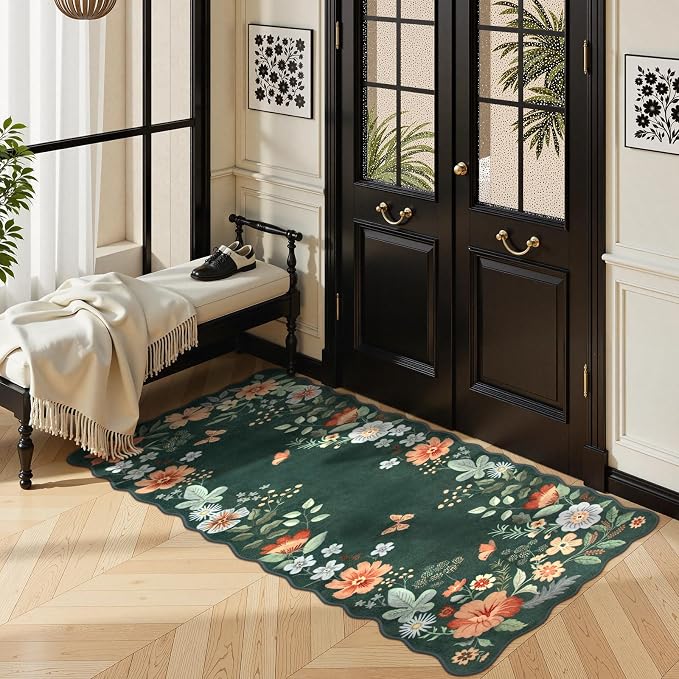 Lahome Floral Small Rug, 2x4 Kitchen Rugs Non Slip Washable Rug Ultra-Thin | Soft Front Door Mat Indoor Entrance Boho Low-Pile Entry Carpet for Bathroom Bedroom Flore (2x4ft, Dark Green)