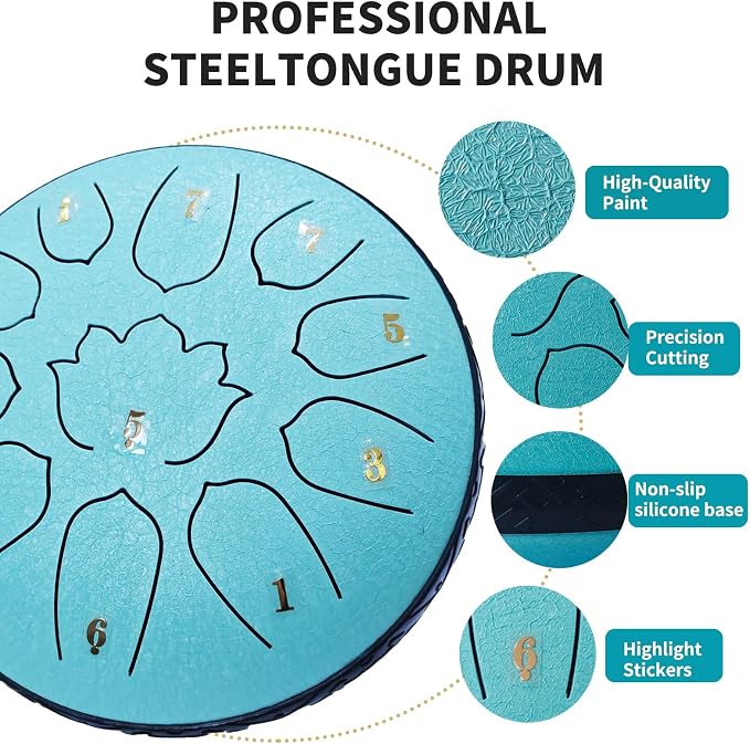 Steel Tongue Drum 11 Notes 6 Inches, Rain Drum for Outside with Bag, Music Book, Mallets, Finger Picks, Stickers – Meditation & Yoga Steel Drum