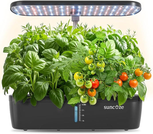 SUNCOZE Hydroponics Growing System, 12 Pods, 12.4 in Adjustable Height | Indoor herb Garden with 20W LED Grow Light, Visible Water Tank with Pump, Indoor Gardening System, Gardening Gifts, Black