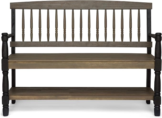 Great Deal Furniture Christopher Knight Home Daphne Outdoor Acacia Wood Bench with Shelf, Gray and Black Finish