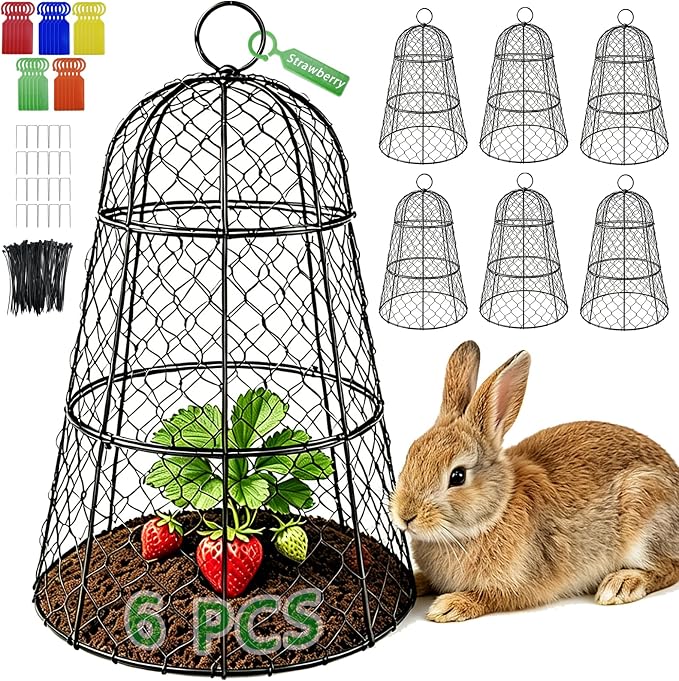 6 PCS 17.7"H X11.42"D Chicken Wire Plant Covers Protectors, Rustproof Heavy Duty Metal Plant Cage with Stakes & Labels, Modular Garden Cloches Design for Seedling Flower Vegetable Protect from Animals