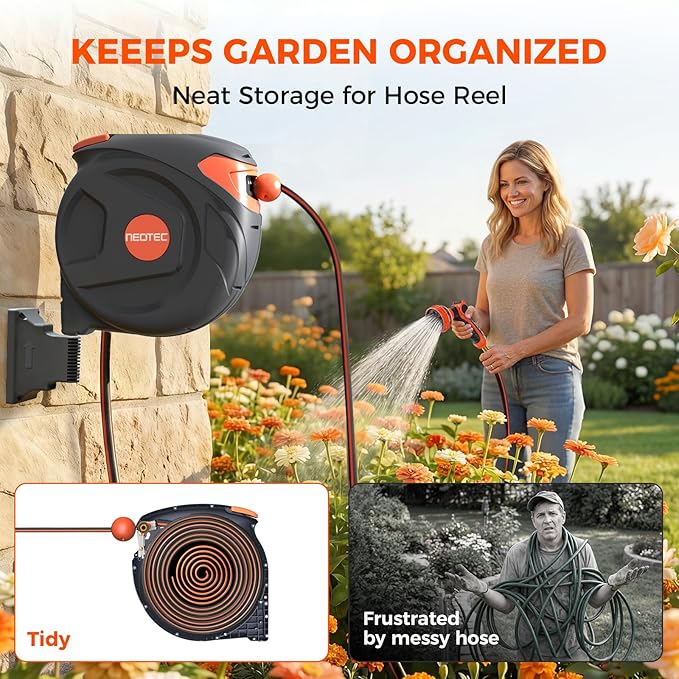New Retractable Garden Water Hose 65ft 5/8 inch, Wall Mounted Hose Reel with Automatic Rewind System, Any-Length Lock & Spray Nozzle for Efficient Yard Work