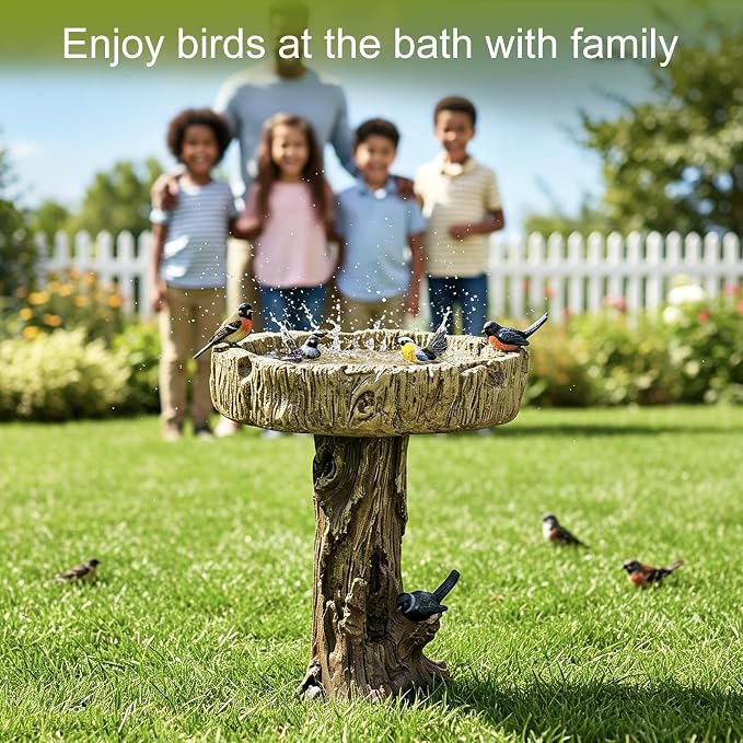 SKYFIRE Bird Baths for Outdoor - 24.4" Tall Pedestal Birdbath with Bird, Fibre Reinforced Concrete with Woodland Tree Trunk Décor Modern and Durable,Bird Bath for Outside, Garden, Patio,Lawn,Backyard