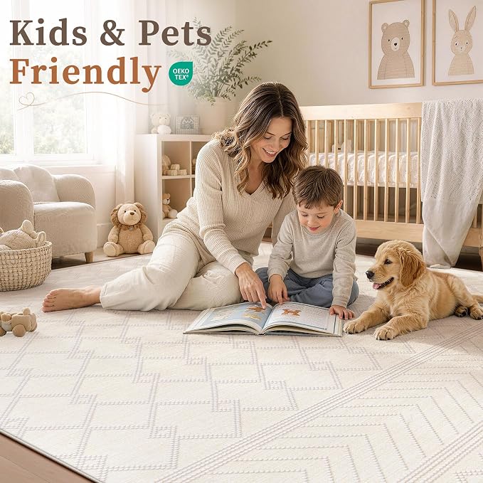 pmtsns Area Rugs 6x9 Washable Rug for Living Room(Beige, 6'x9') | Modern Geometric Moroccan Rugs Non-Slip Soft Stain Resistant Rug Indoor Printed Carpet for Bedroom Dining Room Nursery