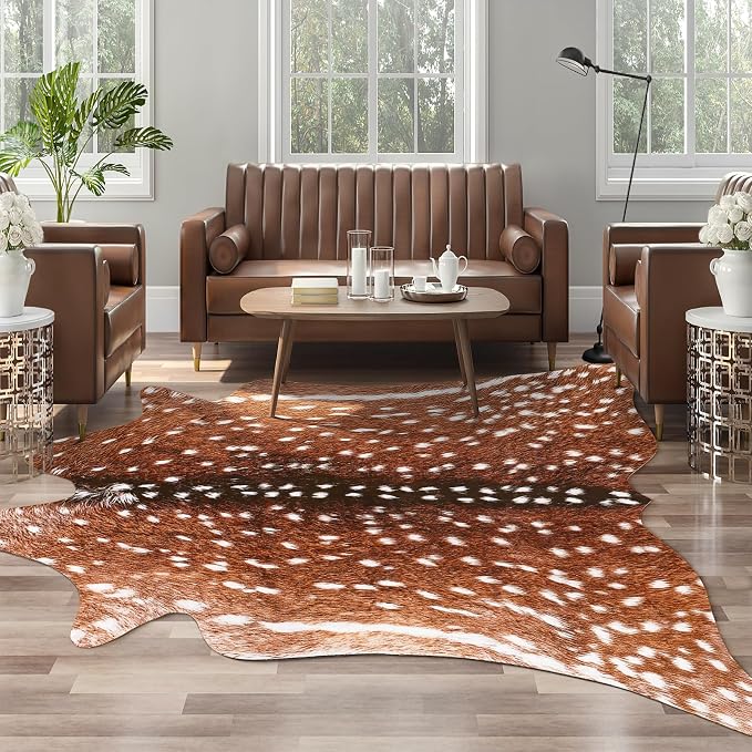 Premium Deer Print Rug, Faux Animal Hide Rugs, Non-Slip 6.2x7 Ft | Machine Washable Animal Print Hide Leopard Skin Area Rug for Bedroom Living Room Home Decor Pet Friendly