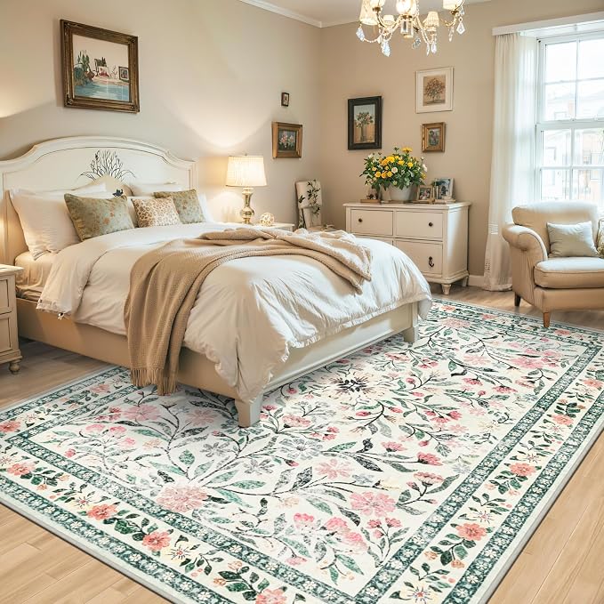 PLHXFR Area Rug Living Room: 5x7 Floral Washable Boho Carpet Green Beige | For Bedroom Dining Room Farmhouse Nursery Hallway,Vintage Floral,Machine washable,Non Slip,Stain Resistant,Large Indoor