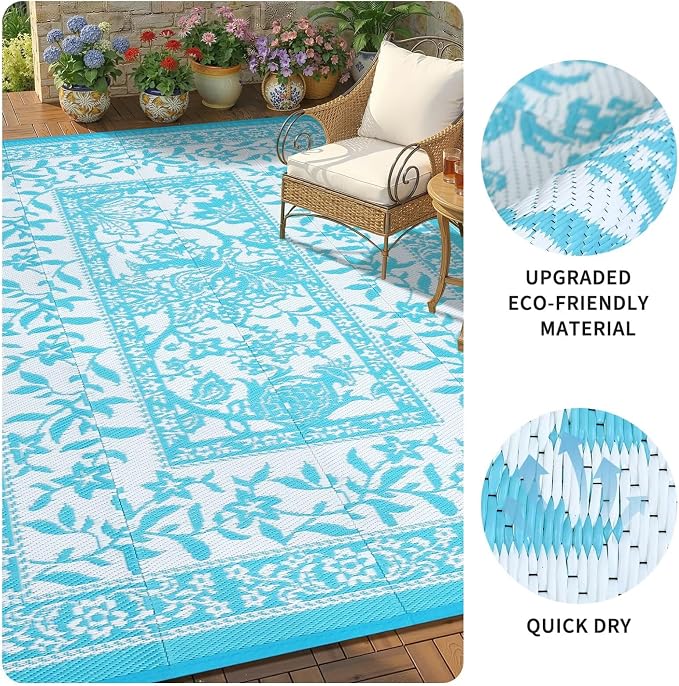 Garvee Outdoor Rug 8x10, Waterproof Reversible Foldable Plastic Straw Rug, Botanical cottagecore Outdoor Rugs Patio Camping RV Carpet for Deck Camper Porch Balcony Backyard Picnic Beach Blue