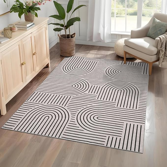 ROYHOME Modern Washable Rug Rainbow 3x5 Area Rugs for Living Room Non Slip | Abstract Rug for Bedroom, Throw Rugs with Rubber Back, Low Pile Stain Resistant Geometric Carpet for Playroom Dorm LightCamel