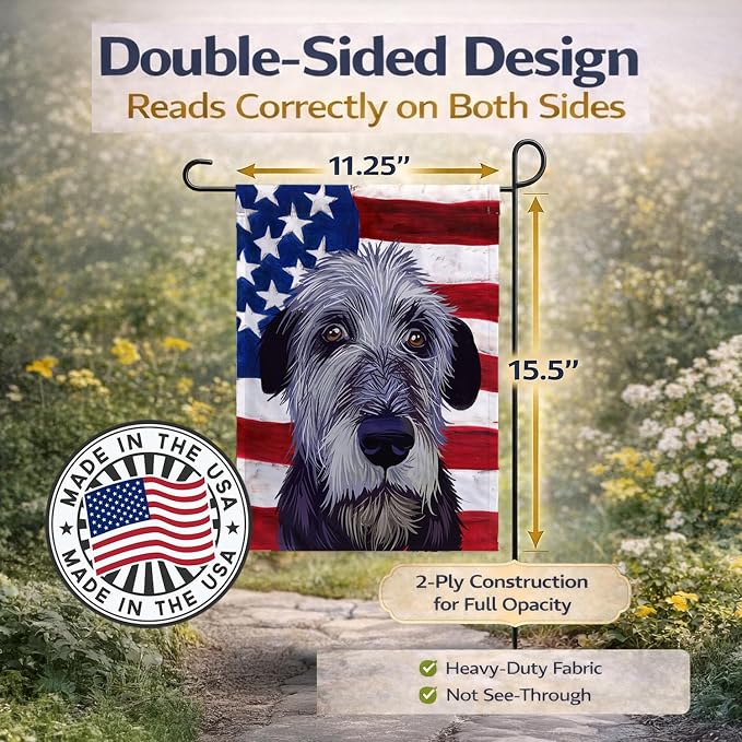Caroline's Treasures CK6573GF Irish Wolfhound American Flag Garden Flag Mailbox Flag Decorative Yard Flag Banner Outside Patio Artwork Yard Flower Beds, Garden Size, Multicolor