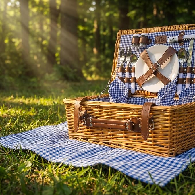 Multifunctional Wicker Picnic Basket Set for 4 Blanket Family Folding Wine Table,Insulated Portable Extra Big Storage Capacity Woven Rattan Canasta De Full Tablewares Camping Outdoor Flowers Blue