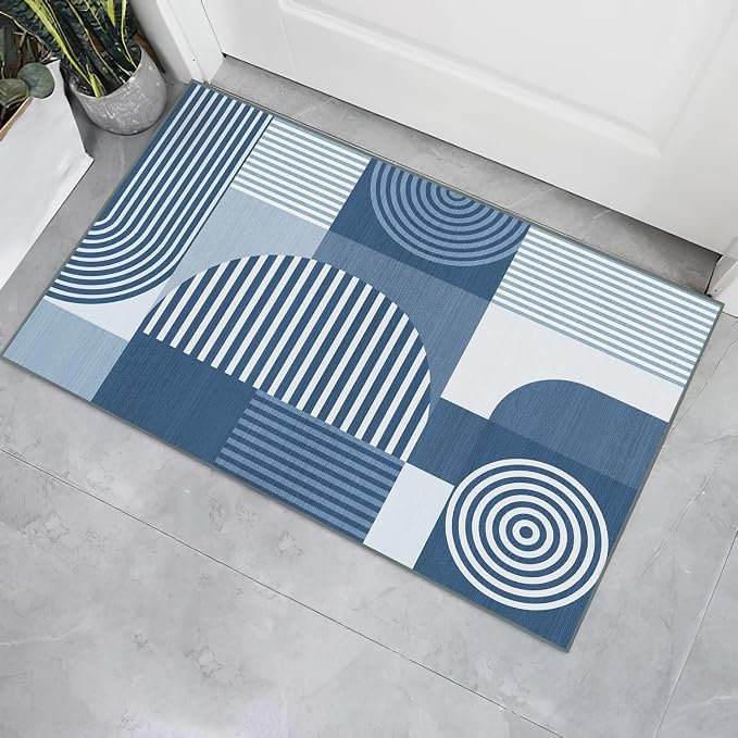 Blue Geometric Rug 2x3 for Entryway Machine Washable Mid Century Modern Rug Non Slip Low Pile Minimalist Line Rugs Door Indoor Mat Carpet for Bathroom Bedroom Kitchen Laundry,Blue