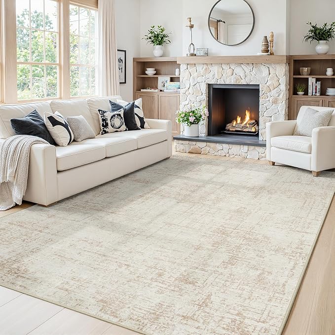 5x7 Washable Area Rug for Living Room Bedroom: Non-Slip Modern Beige White | Machine Washable TPR Backing, Stain-Resistant Low Pile, Pet & Kid Friendly, Abstract Decor for Dining Room, Dorm, Home Office
