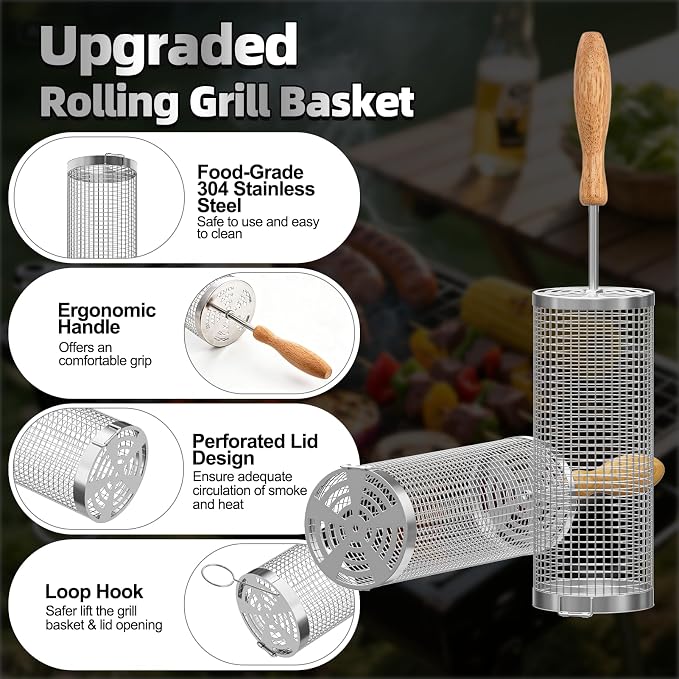 Rolling Grill Basket with Insulated Gloves (2PCS), 304 Stainless Steel Nesting Grill Baskets with Removable Wooden Handles, BBQ Grilling Accessories for Vegetable, Camping, Outdoor, Gifts for Men/Dad
