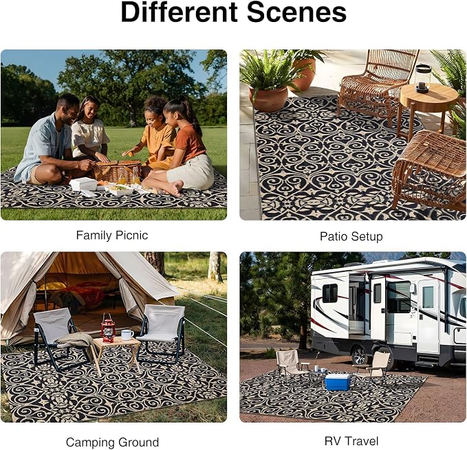 OLANLY Outdoor Rug Waterproof 5x8 ft Clearance, Reversible Outdoor Plastic Straw Rug with Floral Pattern, RV Mat for Patio, Camping, Balcony, Deck, Backyard, Black & Beige