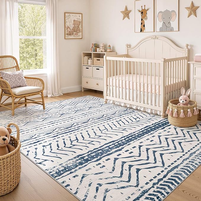Nakagishi Boho 5x7 Area Rug Living Room Rugs Machine Washable Navy Blue | Soft, Pet & Kid Friendly, Carpet for Living Room/Bedroom/Office/Kitchen/Nursery, Daily Home Decor Stain Resistant Moroccan