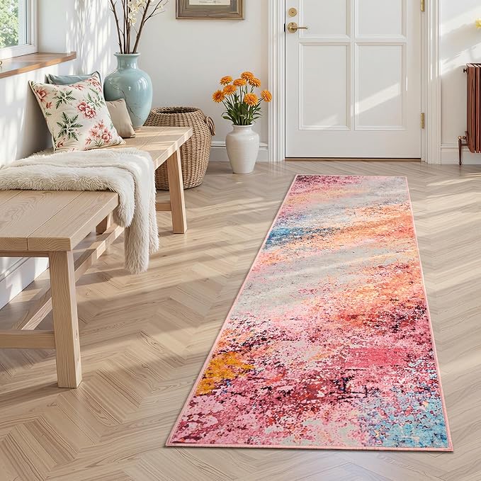 Toneed Washable 2x6 Non-Slip Abstract Runner Rug for Hallway Kitchen | Soft Modern Low Pile Area Rugs for Bedroom Laundry Living room,Indoor Carpet for Bedside Home Decor, Galaxy Pink