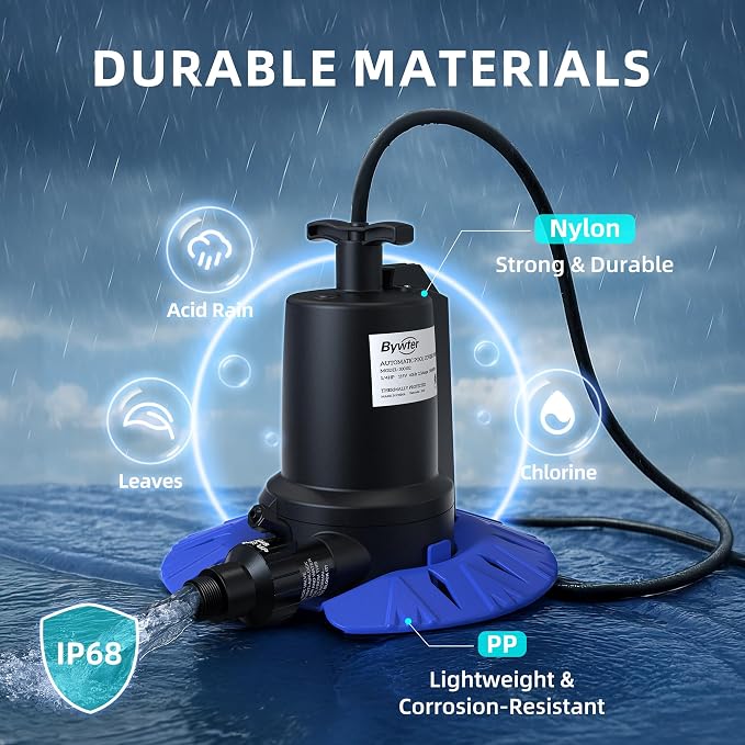 Automatic Pool Cover Pump, 1/4 HP, 1800 GPH, Check Valve, 25 FT Cord | 115V Nylon Pump Starts At 2 In And Stops At 3/8 In, Adapter Fits 3/4 In Garden Hose And 1-1/4 In Drain Hose, A Rope Included