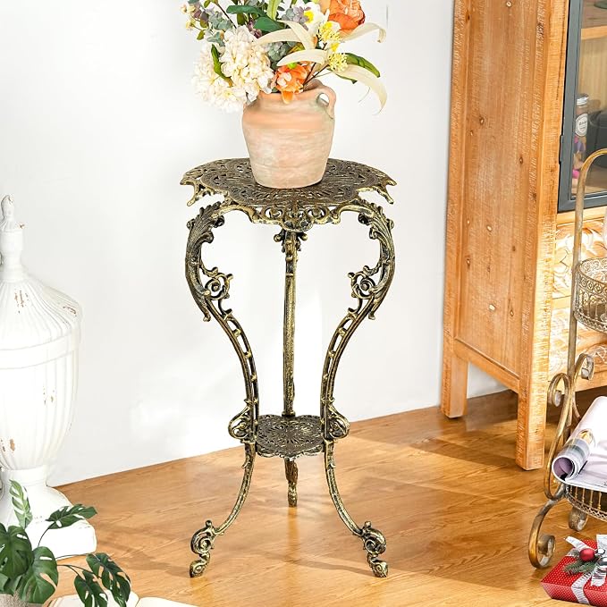 Sungmor Vintage Cast Iron Plant Stand - Ornate Gold Pedestal Table for Indoor Outdoor Garden, 27.5" Antique Metal Flower Pot Holder, Victorian Style Plant Display Stand - Patio, Porch, Balcony Décor