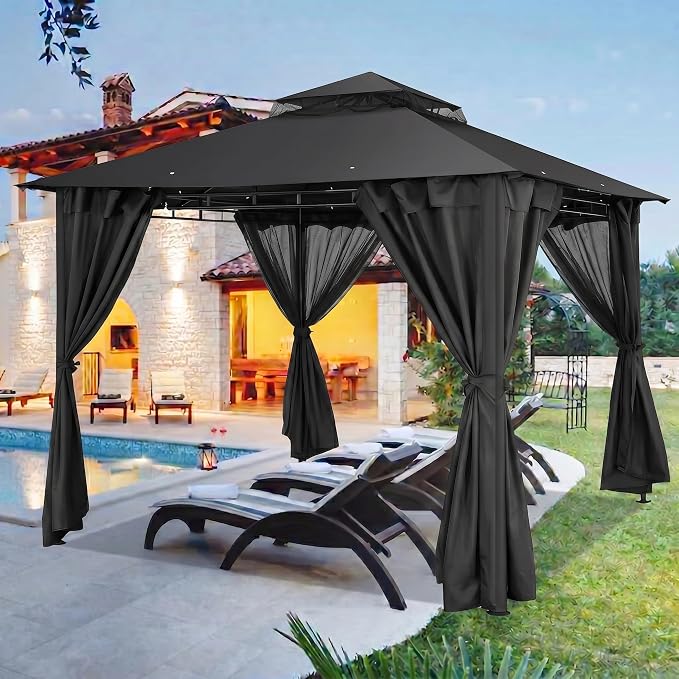 COBIZI 10x10 Gazebo with Double Roof & Mosquito Netting Outdoor Heavy-Duty Party Tent, Patio Tent with Zipper Screens - Backyard Garden Lawn Shelter Includes Wind Ropes Expansion Bolts, Black