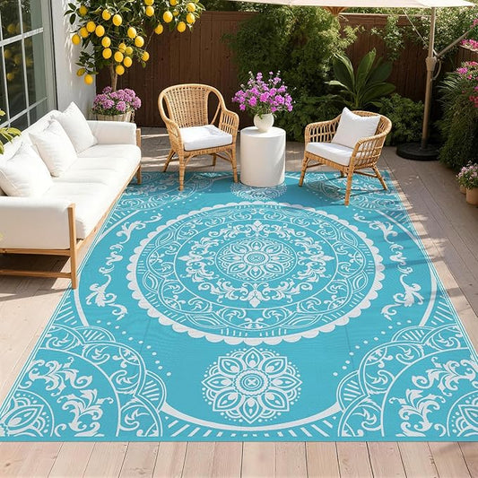 Pauwer Waterproof Outdoor Rug 8x10, Reversible Plastic Straw Patio Camping Rug, Indoor Outdoor RV Mat Carpet for Deck, Camper, Porch, Balcony, Backyard, Picnic, Paisley Teal