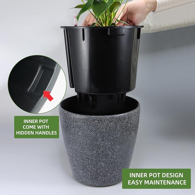 Dexceder 15x14 Self Watering Planter with Wheels (Stone Matte) | Inner Pot Design, Thickened Large Floor Standing Flower Plant Pot with Water Level Indicator Indoor Outdoor