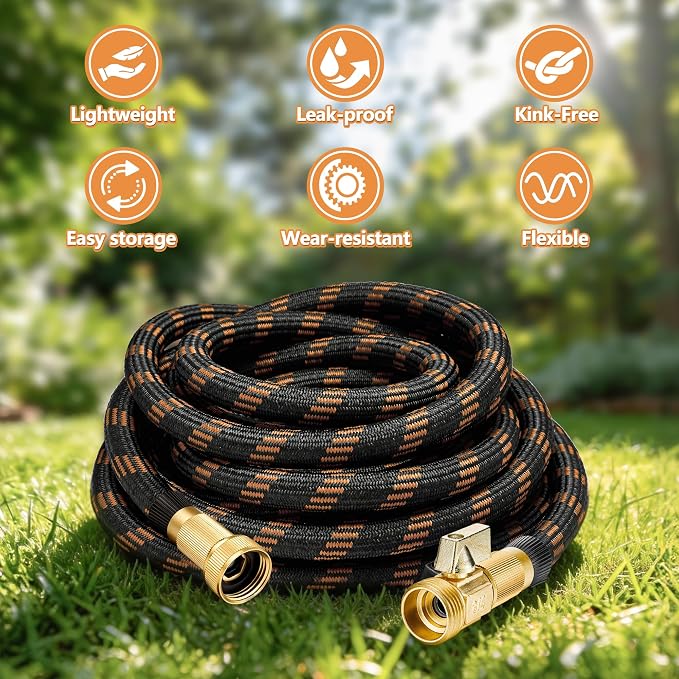 Flexible Garden Hose 25 FT, Ultra Lightweight Water Hoses w/10 Function Sprayer and 3/4" Brass Fittings, Kink-Free, Sturdy, Abrasion Resistant for Yard, Lawn, Outdoor and Gardening(Black Orange)