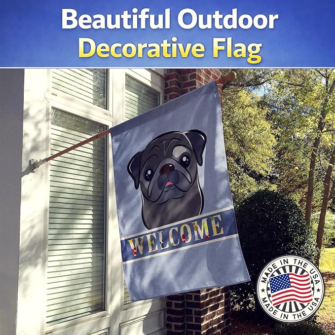 Caroline's Treasures BB1449CHF Black Pug Welcome House Flag, Blue Large Porch Sleeve Pole Decorative Outside Yard Banner Artwork Wall Hanging, Polyester, House Size, Multicolor
