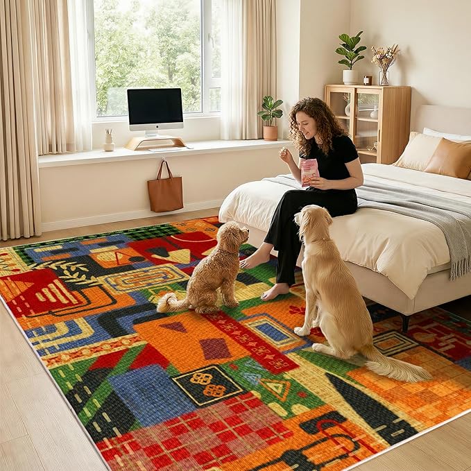 Burnt Orange Geometric Area Rugs for Bedroom, 4x6 Boho Tribal Patchwork Rug | Non Slip Indoor Rugs for Living Room Dining Room Office Home Decor| Southwestern Rustic Rug| Colorful Soft Low-Pile Floor Rug