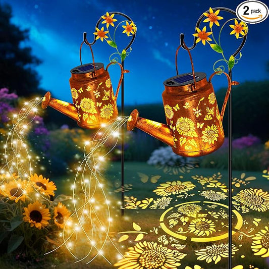 VOOKRY 2 Pack Sunflower Metal Solar Watering Can Lights, Solar Lights Outdoor Waterproof, Gifts for Women Mom Grandma Birthday, Hanging Lanterns Decorative Garden Decor for Outside Yard Patio Lawn