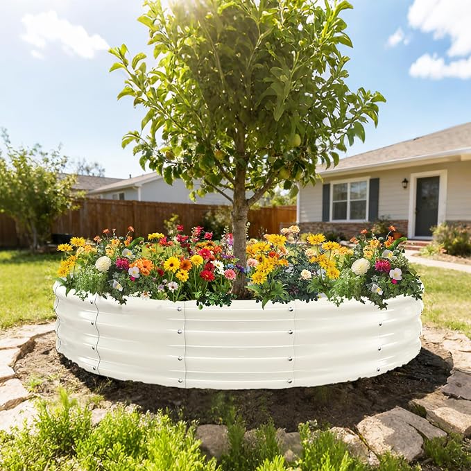 YSEJOMP 6FT Diameter Galvanized Garden Raised Bed/Plant Box/Fire Pit Ring-0.8mm Thick,12 Inch Tall,Crimped Edge and Corner,No Sharpe,Perfect for Plantings (Cream White, 72 Dia X 12 inches)