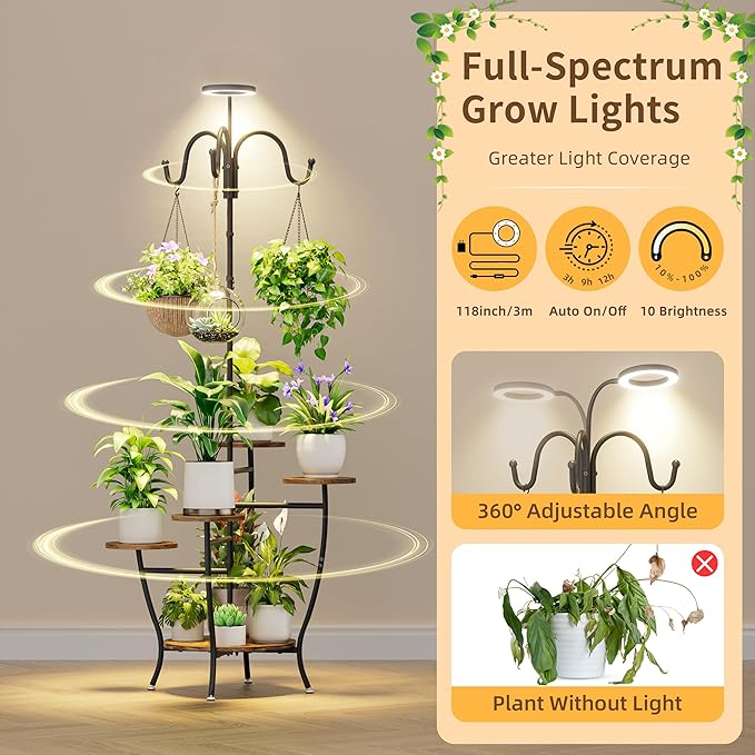 BACEKOLL Plant Stand Indoor with Grow Light - 72" Tall Plant Shelf Indoor, 5 Tiered Corner Plant Stands for Indoor Plants, Hanging Plant Holder Flower Display Holders for Living Room, Balcony Decor