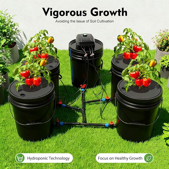 DWC Hydroponics Grow System 5.28 Gallon Deep Water Culture Kit with 12W 110V Air Pump, Five 12inch Buckets & Air Stones for Indoor Gardening Vegetables Herbs (5 Buckets+5.28Gal)