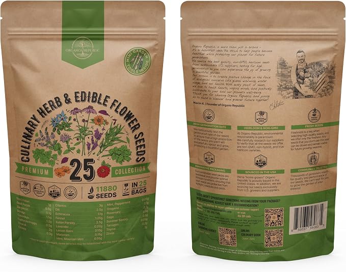 25 Culinary Herbs & Edible Flower Seed Variety Pack for Planting Indoor & Outdoors. 11900+ Non-GMO Heirloom Flower Seeds: Basil, Borage, Echinacea, Lavender, Oregano, Rosemary Seeds & More
