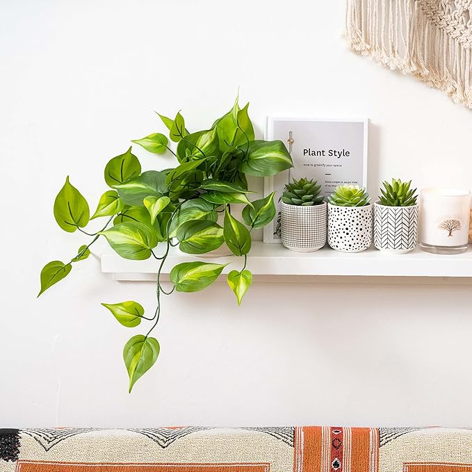 Kurrajong Farmhouse Dark Green Fake pothos | Fake Plant for Shelf Decor | Artificial Trailing Ivy Plant with 5" Wide Ceramic Pot | Faux pothos | Feaux Pothos | Bathroom and Kitchen Decor