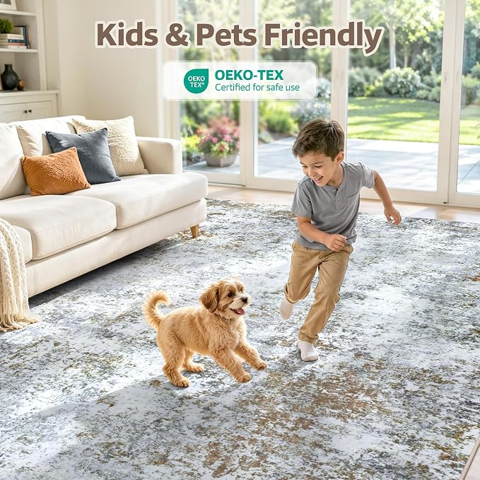 8x10 Washable Area Rug Modern Abstract for Living Room Bedroom Gray Brown | Soft Indoor Carpet,Anti-skid Backing,Water Repellent,Non-shedding, Suitable for bedroom dining farmhouse nursery home office