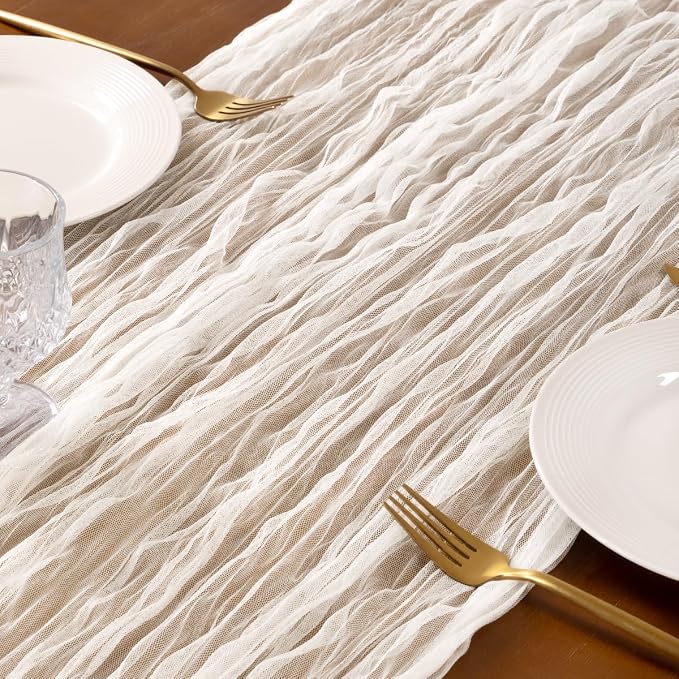 Socomi Ivory Cheesecloth Table Runner Tulle Gauze Cheese clothBoho Rustic 120 inch 10FT Runner for Wedding Party Baby Shower Birthday Holiday Decorations 3pcs