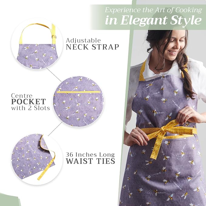 Maison d' Hermine Aprons for women with Pocket 100% Cotton (27.50"x31.50") | Adjustable Neck Strap & long ties Apron Men Chef Wedding Cooking Gardening Server Maid