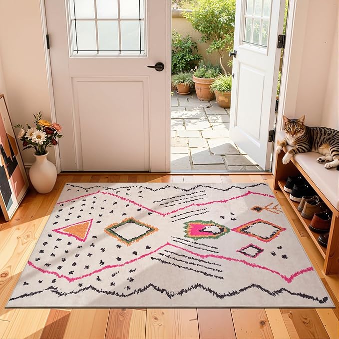 jinchan 3x5 Area Rug Hot Nerd Modern Boho Geometric Entryway Rug, Beige | Abstract Design, Tribal Inspired, Diamond Motifs, Washable, Soft Texture, Non-Slip, Low Pile, Bedroom, Living Room