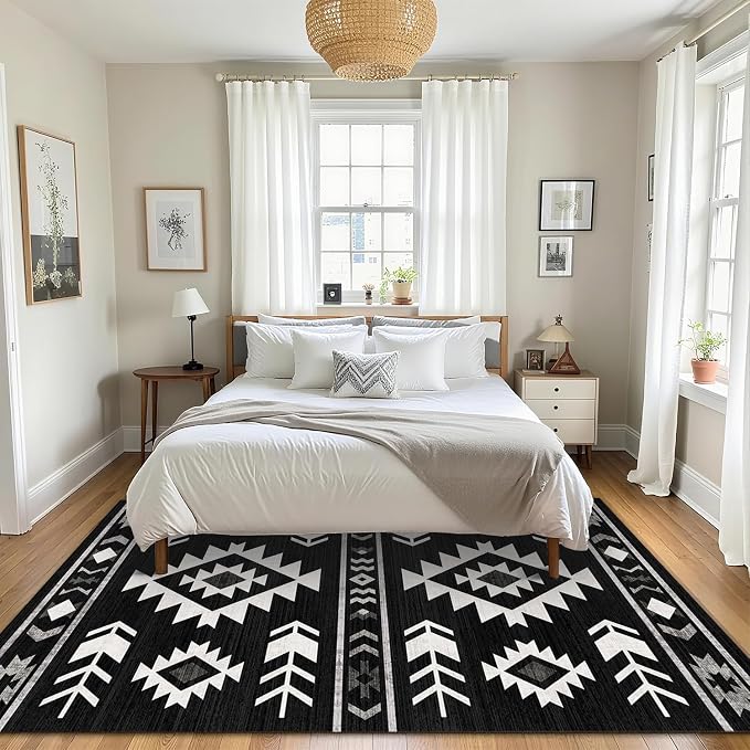 Area Rug 5x7 Western Rug Living Room Southwestern Aztec Tribal Rugs Southwest Navajo Machine Washable Non-Slip Printed Low-Pile Floor Carpet for Bedroom Dining Room Office, Black