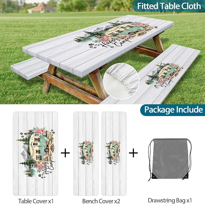 Picnic Table with Bench Covers 3PCS, Happy Camper Floral Forest Waterproof Windproof, Fitted Tablecloth Elastic Edge Drawstring Bag, Camping Essentials for BBQ RV Outdoor Party, 30X60 inch